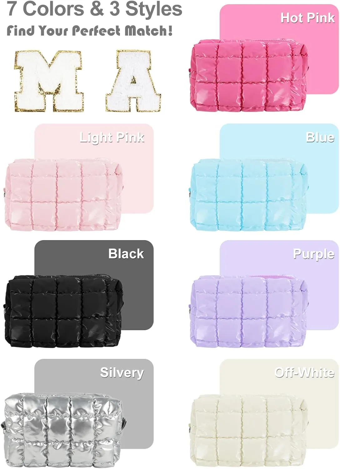 Quilted Makeup Bag Cosmetic Bag, Travel Toiletry Bag for Women, Cute Makeup Bag Organizer Puffer Pouch Silvery