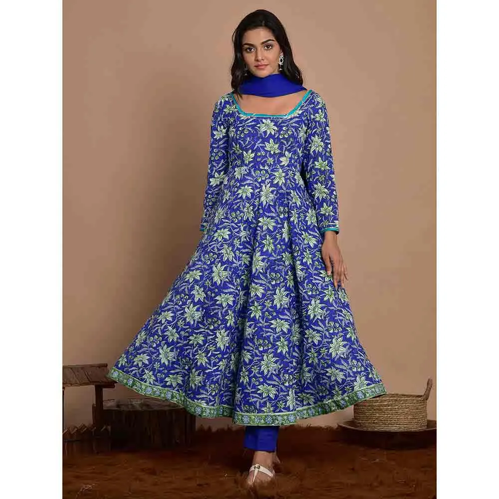 Rangpur Royal Blue Printed Anakali With Pant & Dupatta (Set of 3)