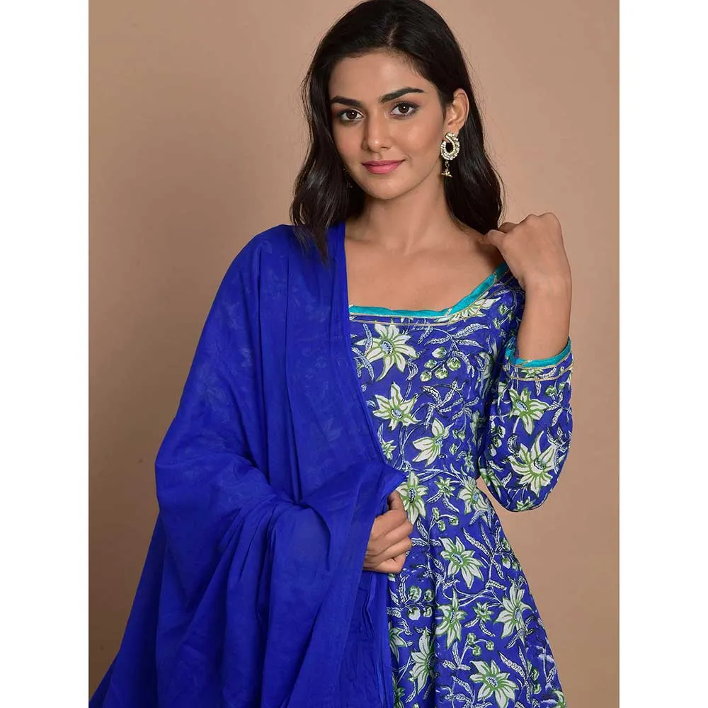 Rangpur Royal Blue Printed Anakali With Pant & Dupatta (Set of 3)