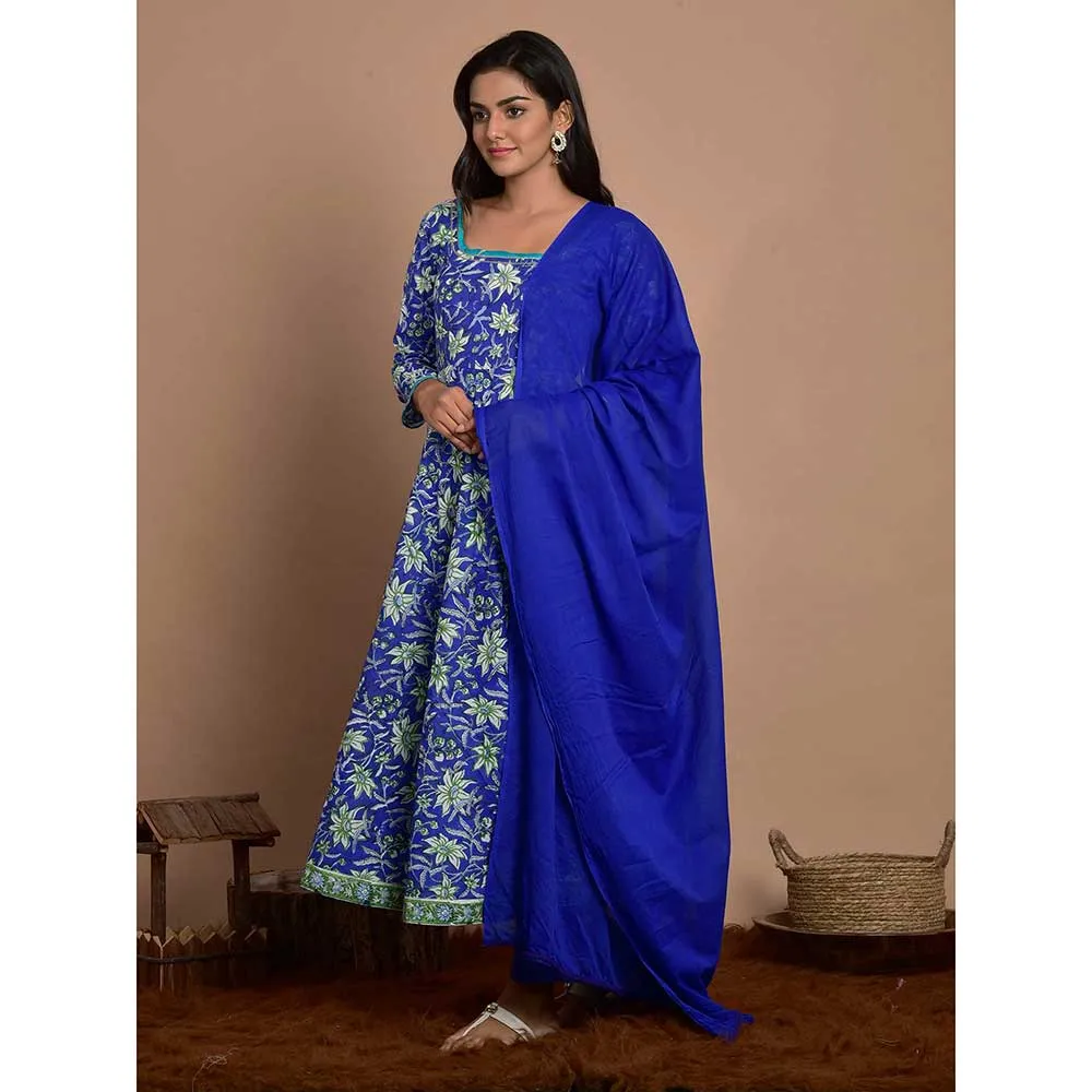 Rangpur Royal Blue Printed Anakali With Pant & Dupatta (Set of 3)