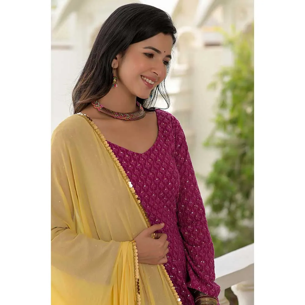 Rangpur Wine Chikankari Anarkali Set- Set of 2