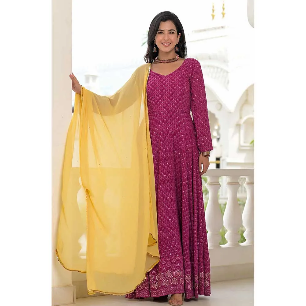 Rangpur Wine Chikankari Anarkali Set- Set of 2