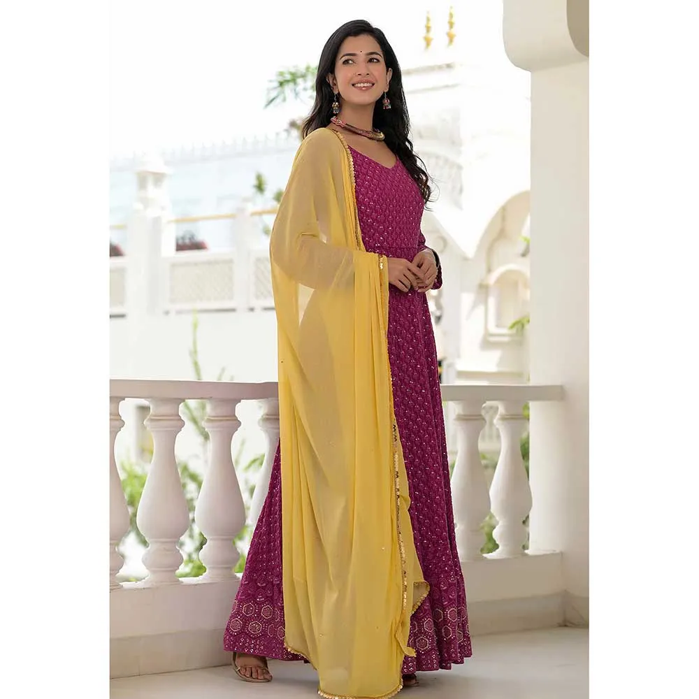 Rangpur Wine Chikankari Anarkali Set- Set of 2