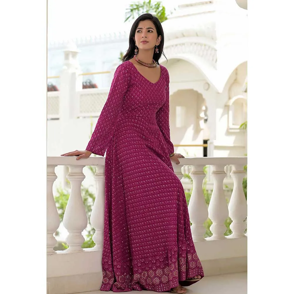 Rangpur Wine Chikankari Anarkali Set- Set of 2