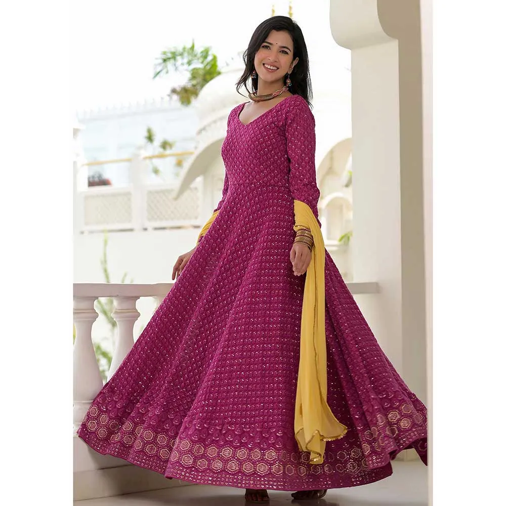 Rangpur Wine Chikankari Anarkali Set- Set of 2