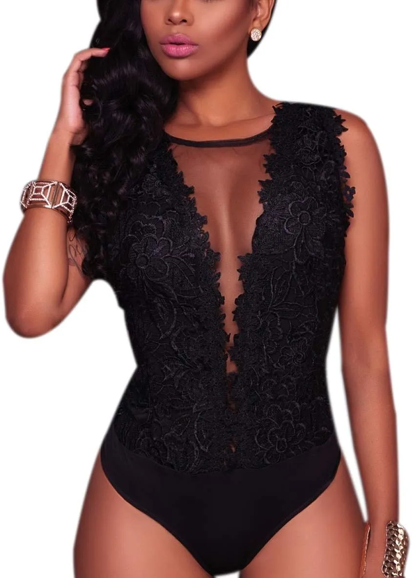 RARITYUS Women Sexy Lace Bodysuit Jumpsuit See Through Mesh Sleeveless/Long Sleeve Tops Swimsuit for Party Outfit