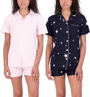 Real Essentials 2 Pack: Women's Pajamas Set Button Down Shorts Soft Matching Sleepwear (Available In Plus)
