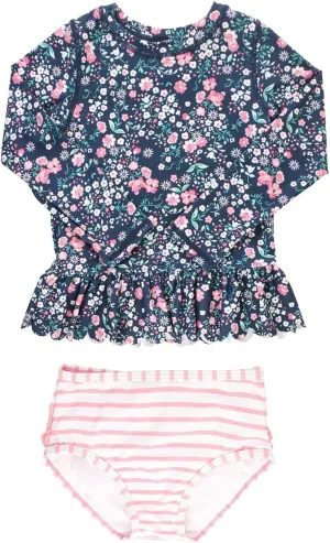 RuffleButts Baby/Toddler Girls Scalloped Long Sleeve Rash Guard 2-Piece UPF50  Sun Protected Swimsuit