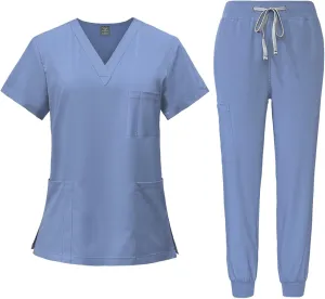 Scrubs for Women Set Stretch V-Neck Scrub Top & Jogger Pant Medical Uniform Scrub Sets for Woman with Pockets