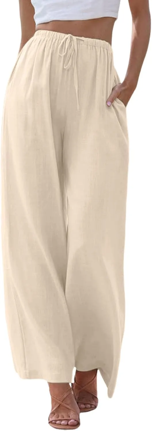 sdbrld Pantalones De Lino De Las Mujeres Linen Wide Leg Pants for Women Shorts Linen Pants Women Summer,Womens Linen Pants with Pockets High Waist Adjustable Knot Casual Trousers (Z41-Beige, M)