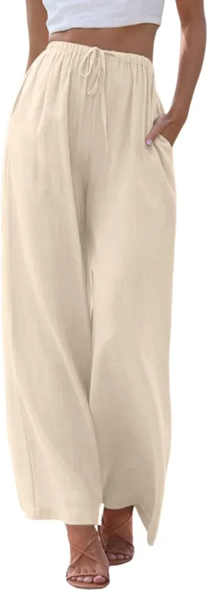 sdbrld Pantalones De Lino De Las Mujeres Linen Wide Leg Pants for Women Shorts Linen Pants Women Summer,Womens Linen Pants with Pockets High Waist Adjustable Knot Casual Trousers (Z41-Beige, M)