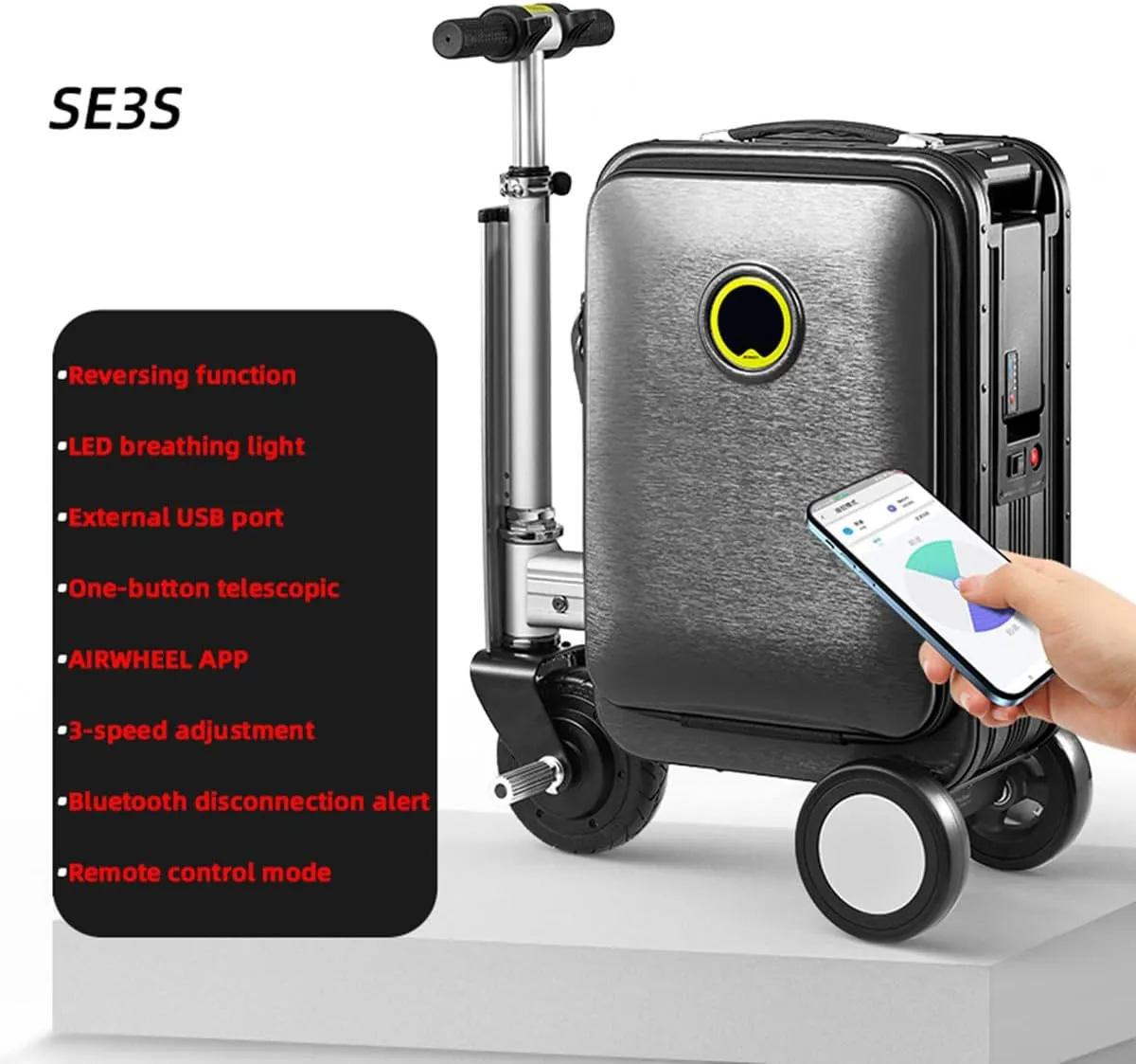 SE3S 20L Smart Rideable Suitcase with 2xBatteries, Aluminum Alloy Frame, Removable Battery, Speed 13km/h, Can be Boarded, Load 110kg, for Adults Travel Storage Case,Black
