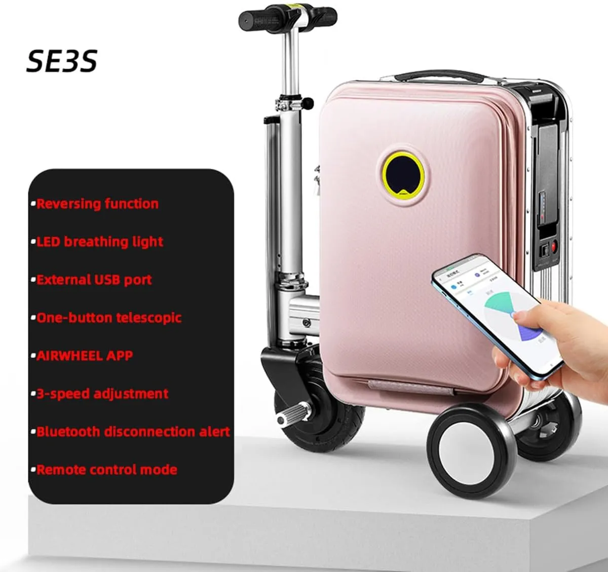 SE3S 20L Smart Rideable Suitcase with 2xBatteries, Aluminum Alloy Frame, Removable Battery, Speed 13km/h, Can be Boarded, Load 110kg, for Adults Travel Storage Case,Pink