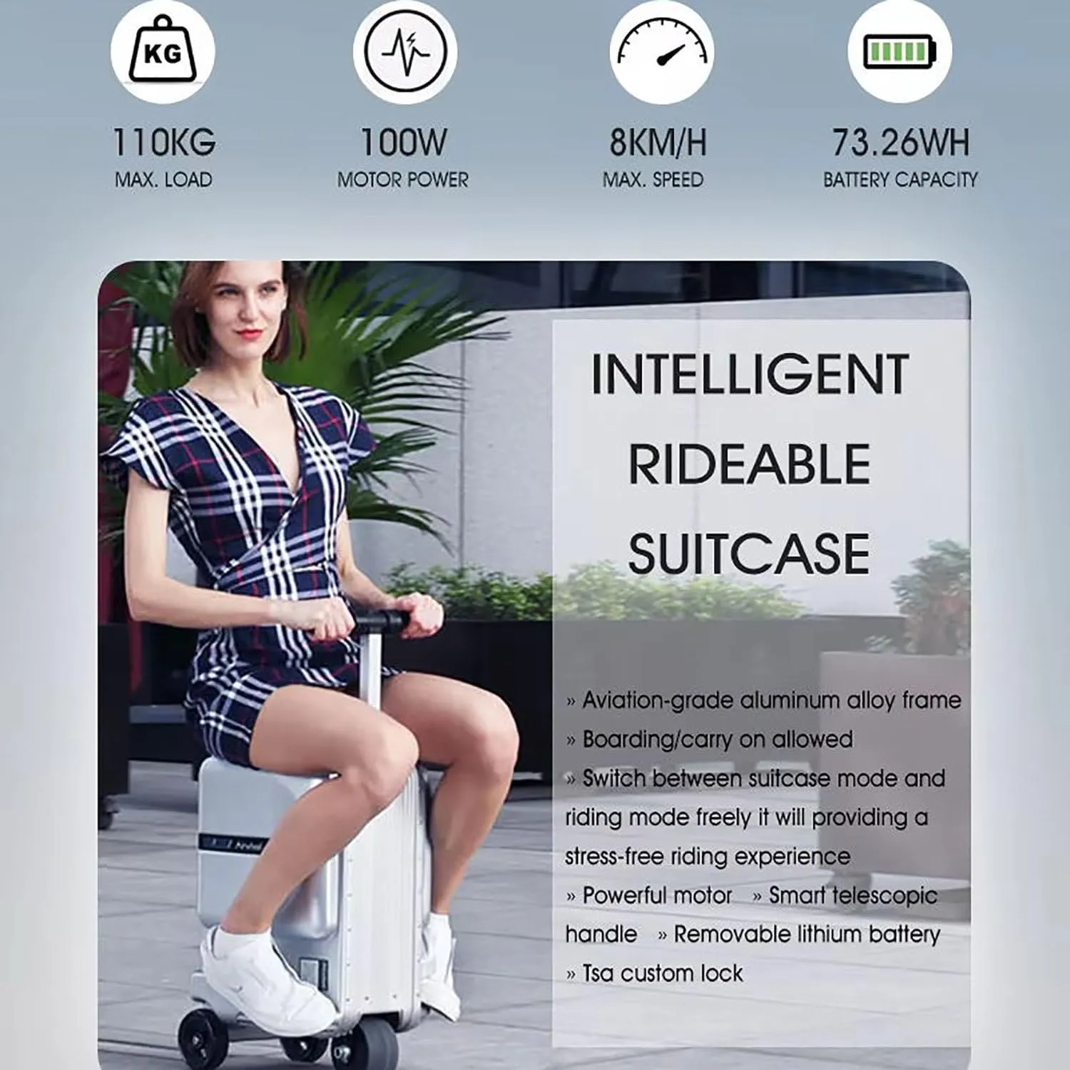 SE3S Smart Riding Suitcase, Electric Suitcase, Rideable Luggage 20 inch with 73.26WH Battery / Shockproof Cushion Seat Pad and Dust Cover, 3-speed, External Charging Port, Max Load 110kg,Black
