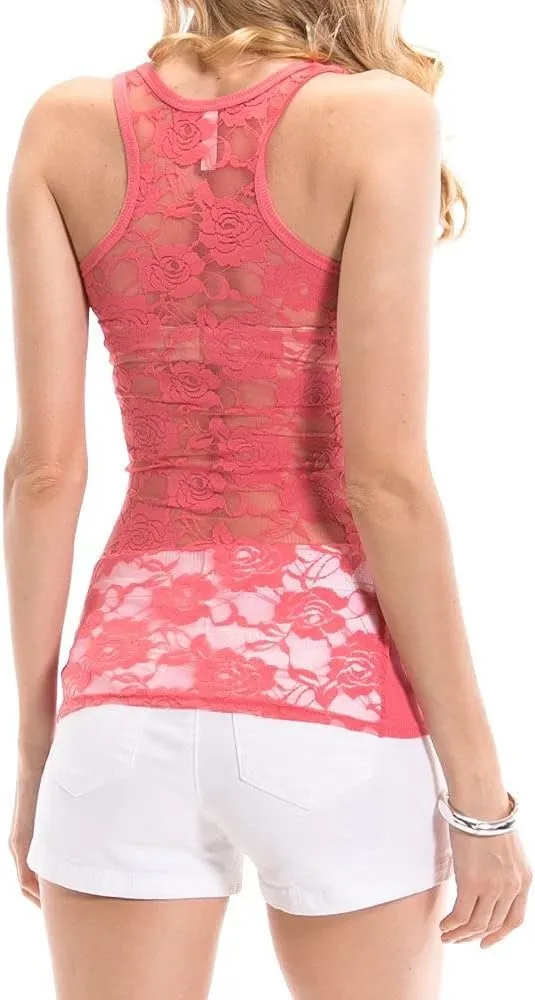 Sexy Lace Racerback Ribbed Front Tank Tops Cami Slim-Fit Sleeveless Camisole