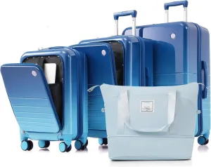 Simplify Travel with Luggage Set of 4, Front Opening Design, Built-in USB Port for Charging, Durable Hard Shell, Blue