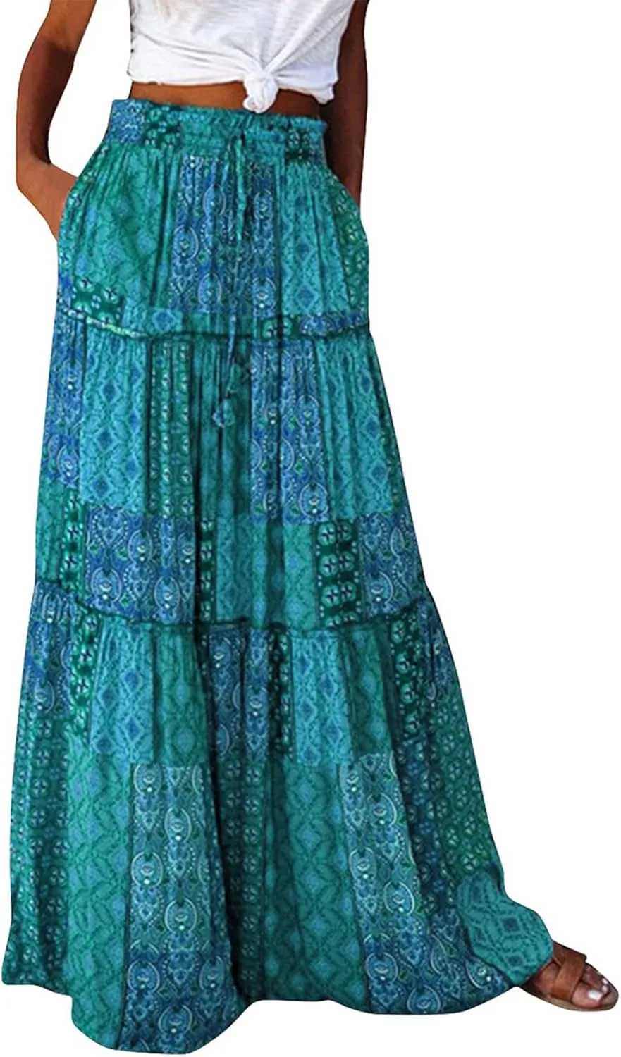 Skirts for Women,Trendy Womens Boho Maxi Skirt with Pockets Linen Flowy Long Skirts 2025 Elastic High Waisted