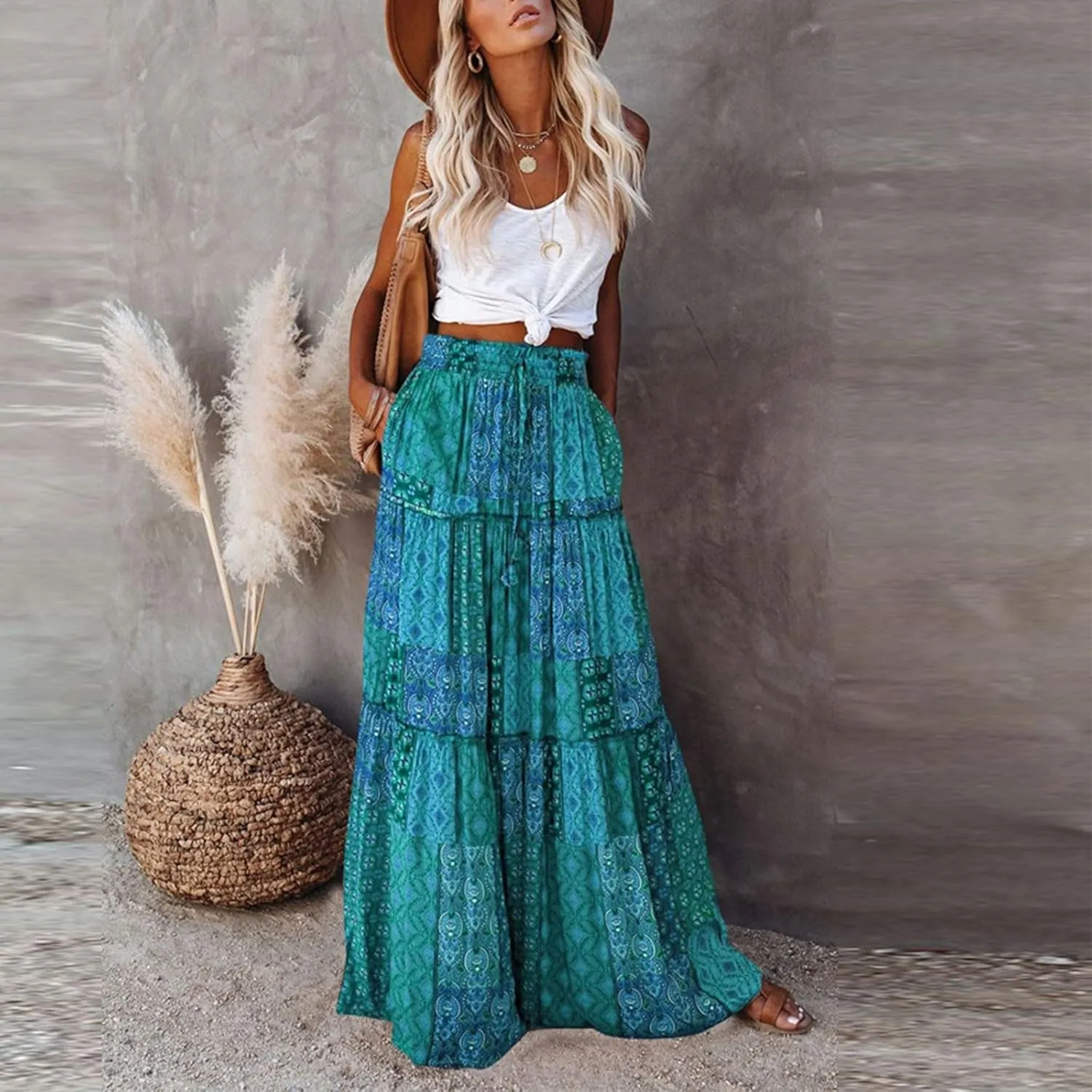 Skirts for Women,Trendy Womens Boho Maxi Skirt with Pockets Linen Flowy Long Skirts 2025 Elastic High Waisted