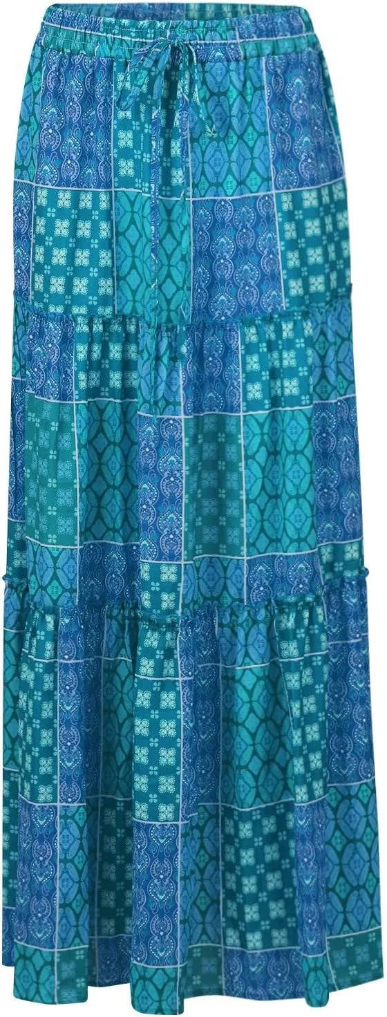 Skirts for Women,Trendy Womens Boho Maxi Skirt with Pockets Linen Flowy Long Skirts 2025 Elastic High Waisted