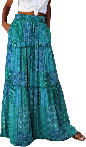 Skirts for Women,Trendy Womens Boho Maxi Skirt with Pockets Linen Flowy Long Skirts 2025 Elastic High Waisted