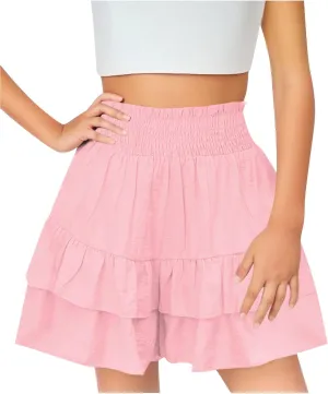 Skorts for Girls High Waisted Smocked Ruffle Mini Skirts Summer Cute Tiered Shorts Trendy School Tennis Golf Skorts