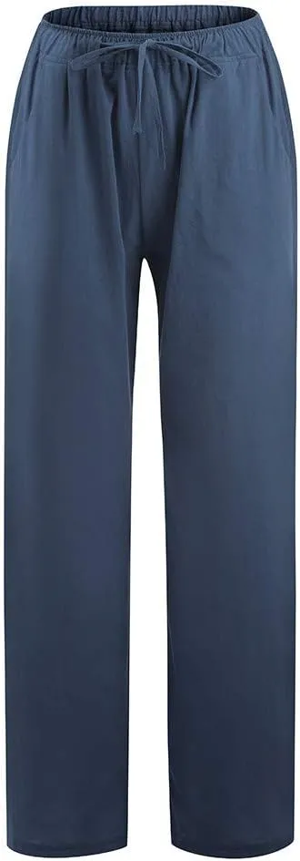 SMIDOW Summer Pants for Women 2023 Cotton Linen Elastic Waist Drawstring Wide Leg Ankle Length Lounge Pant with Pockets