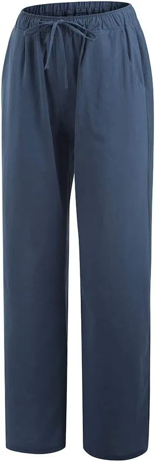 SMIDOW Summer Pants for Women 2023 Cotton Linen Elastic Waist Drawstring Wide Leg Ankle Length Lounge Pant with Pockets