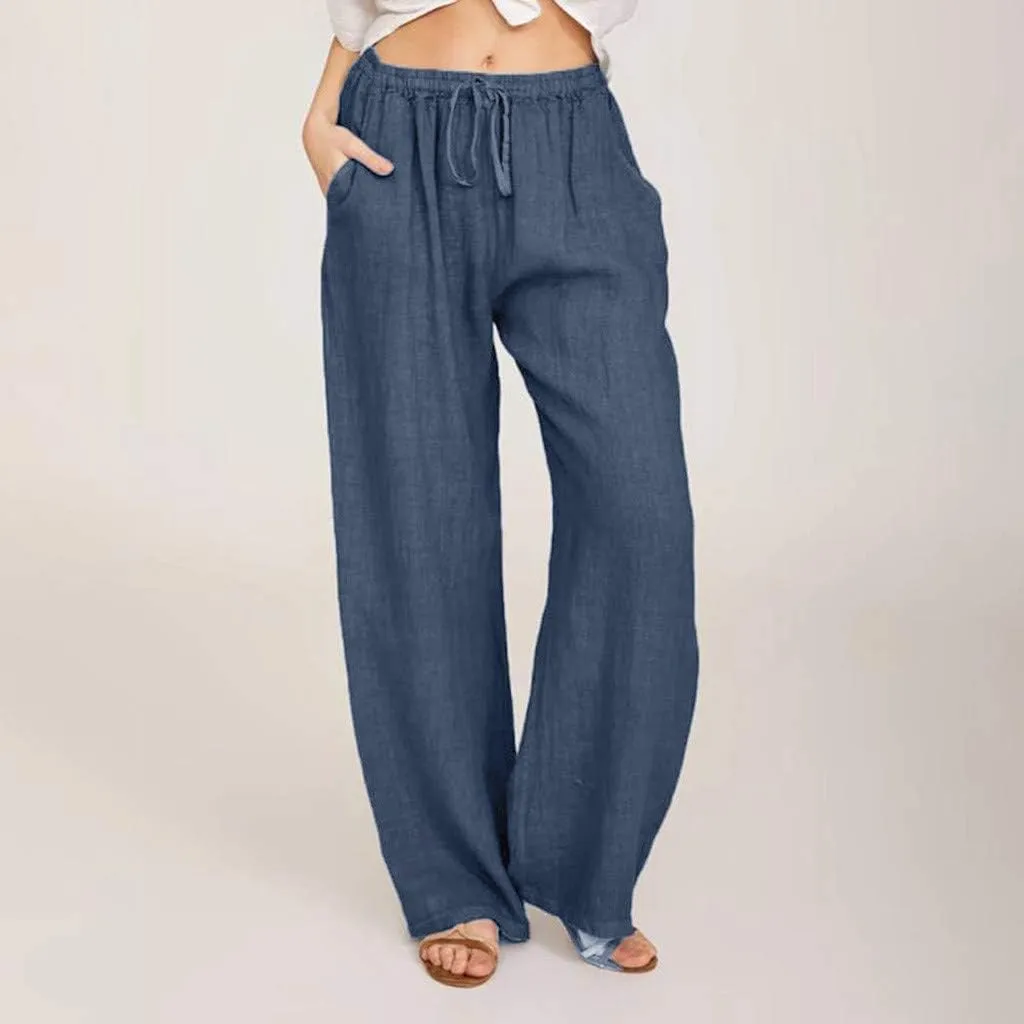SMIDOW Summer Pants for Women 2023 Cotton Linen Elastic Waist Drawstring Wide Leg Ankle Length Lounge Pant with Pockets