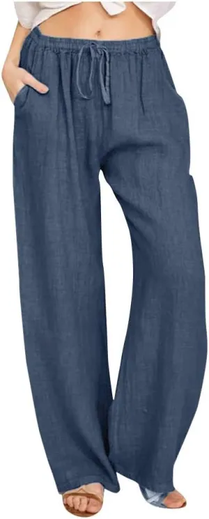 SMIDOW Summer Pants for Women 2023 Cotton Linen Elastic Waist Drawstring Wide Leg Ankle Length Lounge Pant with Pockets