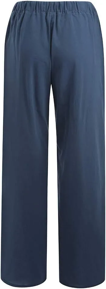 SMIDOW Summer Pants for Women 2023 Cotton Linen Elastic Waist Drawstring Wide Leg Ankle Length Lounge Pant with Pockets