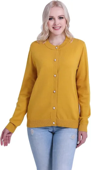 SMILING PINKER Women Cardigan Sweater Crewneck Pearl Button Knitted Tops Medium Weight