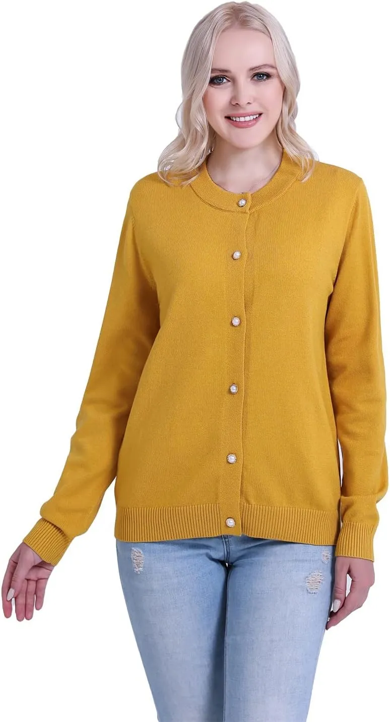 SMILING PINKER Women Cardigan Sweater Crewneck Pearl Button Knitted Tops Medium Weight