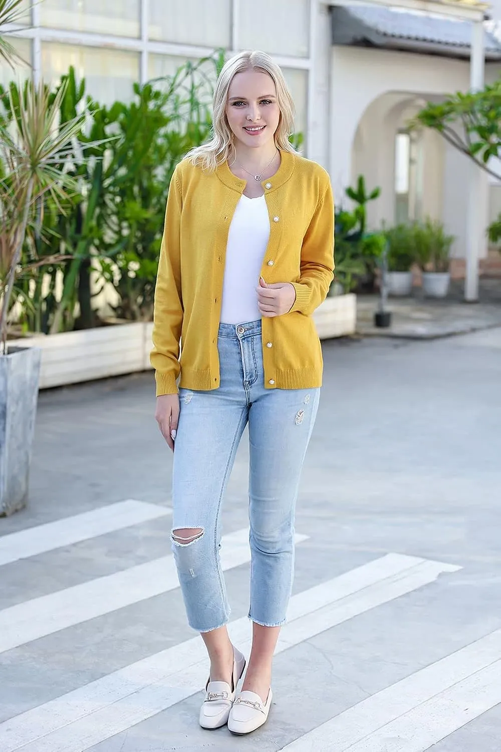 SMILING PINKER Women Cardigan Sweater Crewneck Pearl Button Knitted Tops Medium Weight
