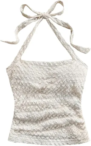 SOLY HUX Women's Halter Top Tie Back Textured Going Out Concert Beach Vacation Crop Tops Summer Sleeveless Camisole