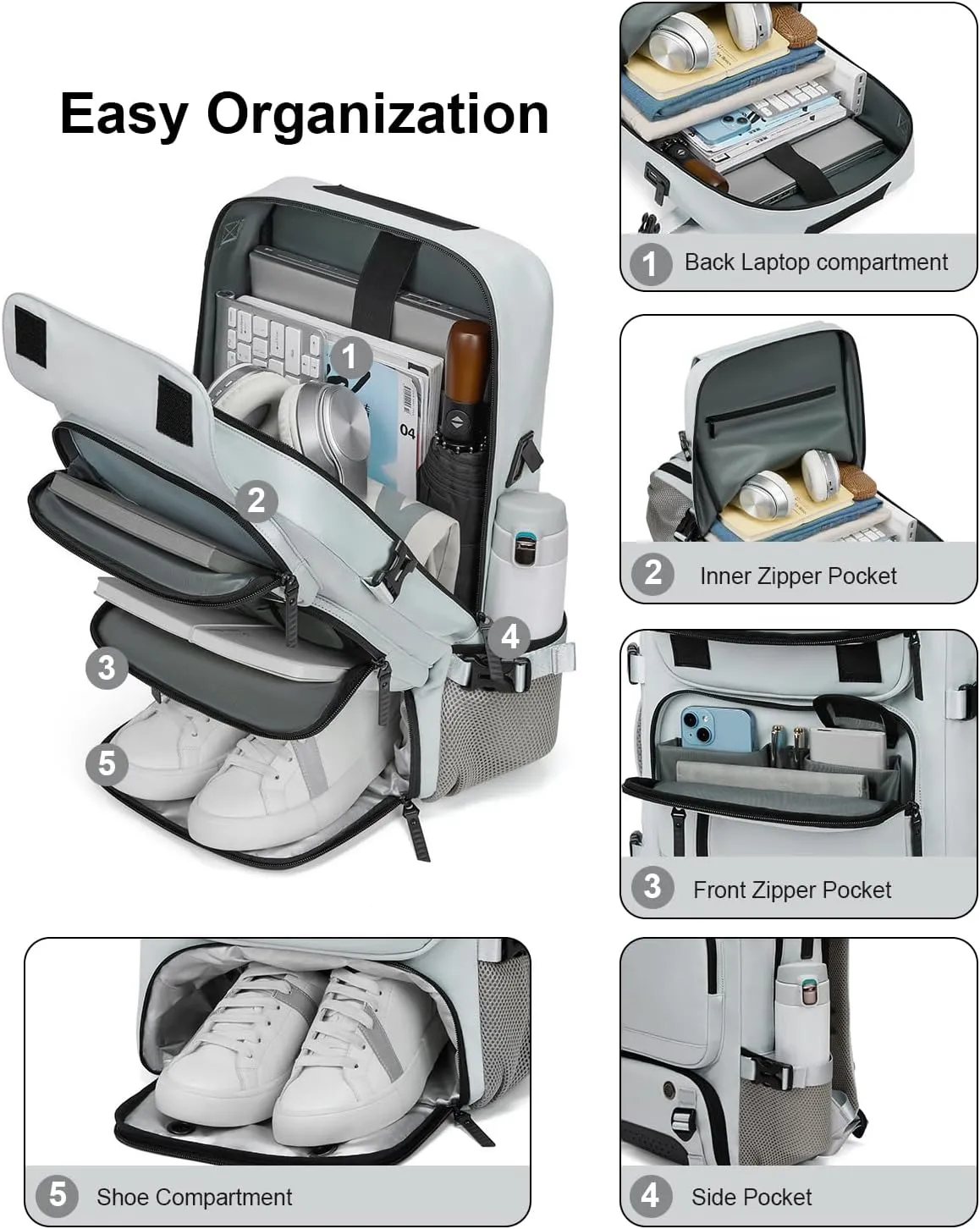Somago Travel Laptop Backpack for Men & Women Carry On Backpack with USB Charging Port Fits 16.5 inch Notebook Rucksack (Light Gray)