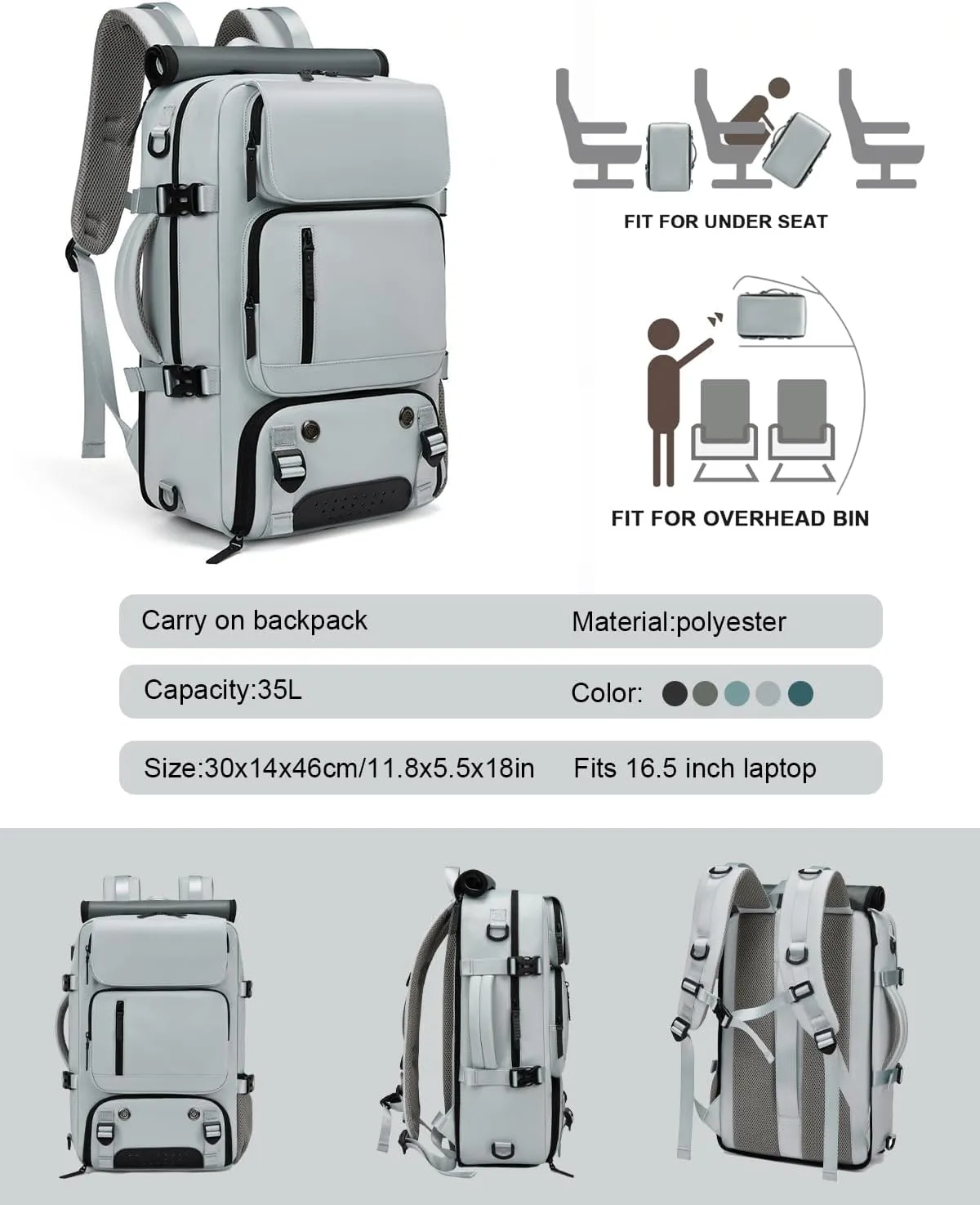 Somago Travel Laptop Backpack for Men & Women Carry On Backpack with USB Charging Port Fits 16.5 inch Notebook Rucksack (Light Gray)