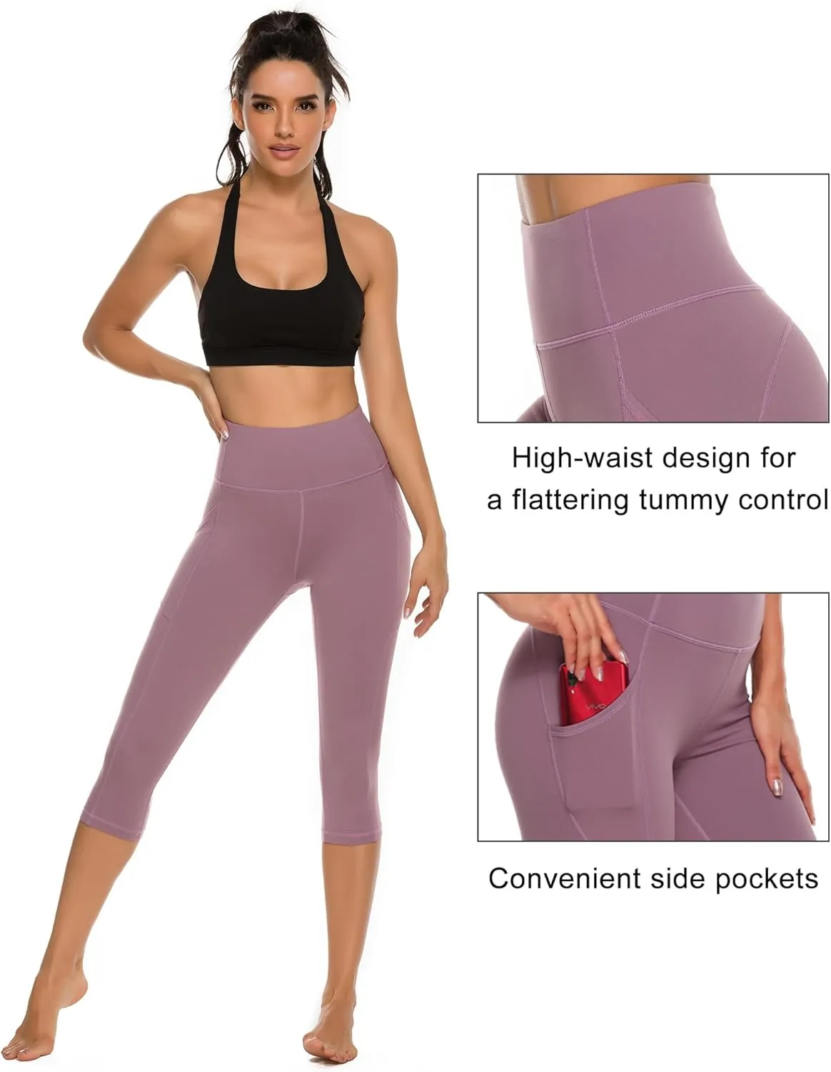 Stelle Women's Capri Yoga Pants with Pockets Essential High Waisted Legging for Workout