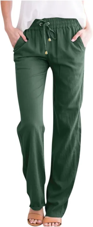Straight Leg Linen Pants Women Summer Lightweight Drawstring Elastic High Waisted Lounge Pants Loose Work Trousers