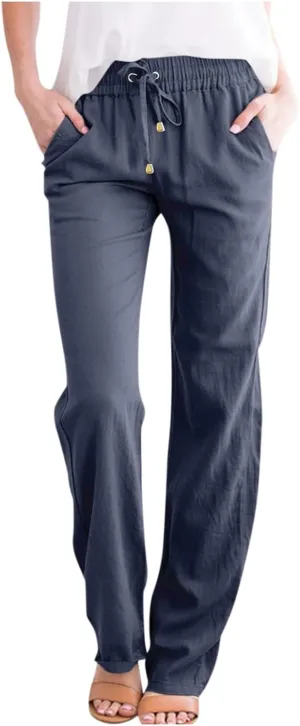 Straight Leg Linen Pants Women Summer Lightweight Drawstring Elastic High Waisted Lounge Pants Loose Work Trousers