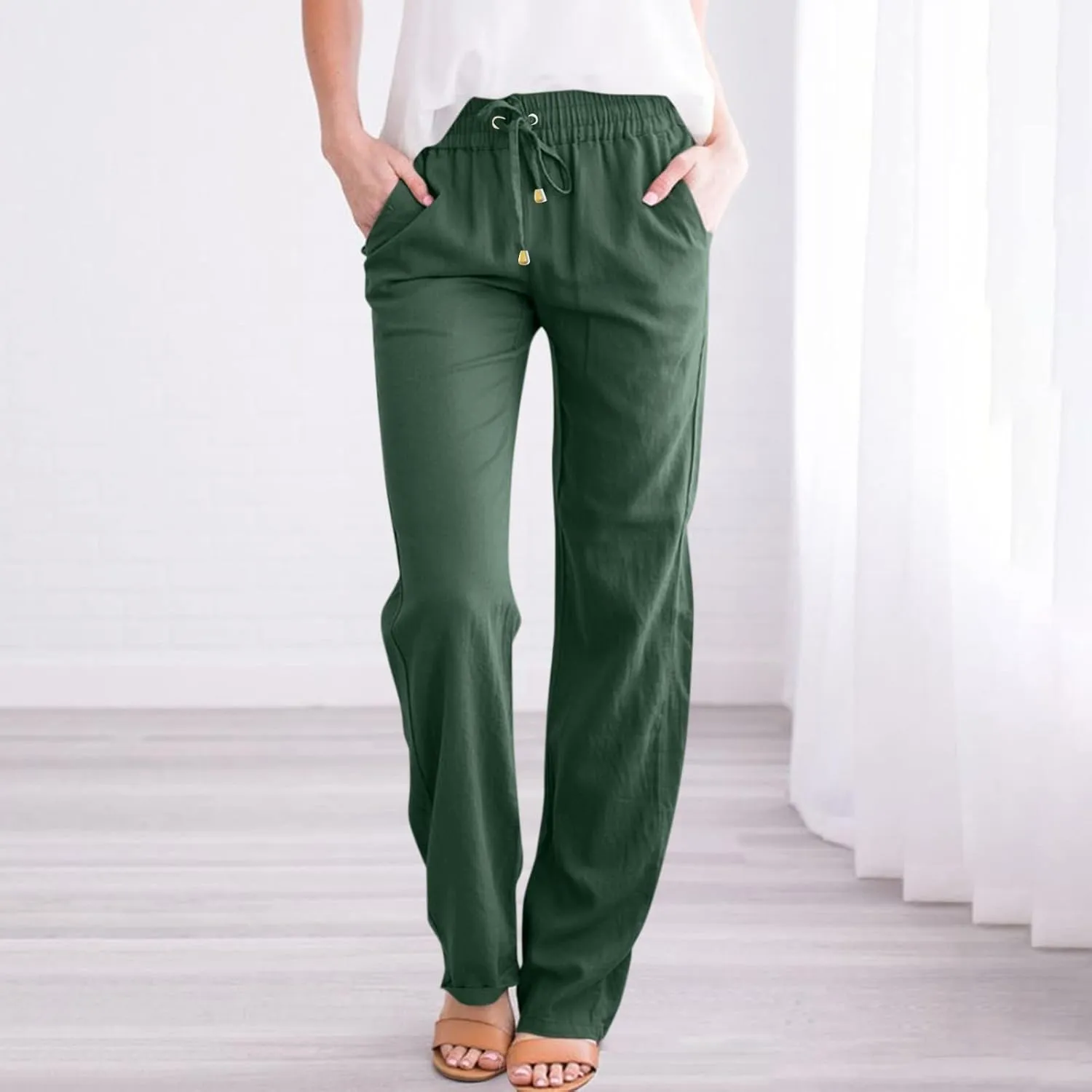 Straight Leg Linen Pants Women Summer Lightweight Drawstring Elastic High Waisted Lounge Pants Loose Work Trousers