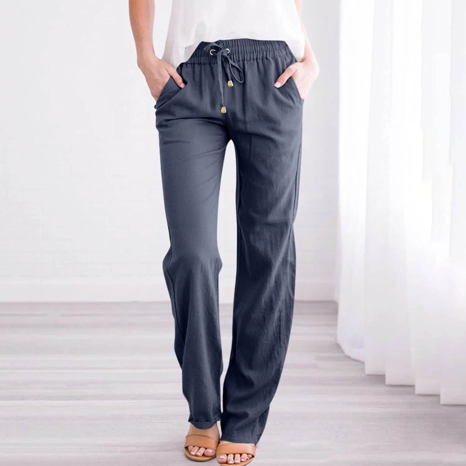 Straight Leg Linen Pants Women Summer Lightweight Drawstring Elastic High Waisted Lounge Pants Loose Work Trousers