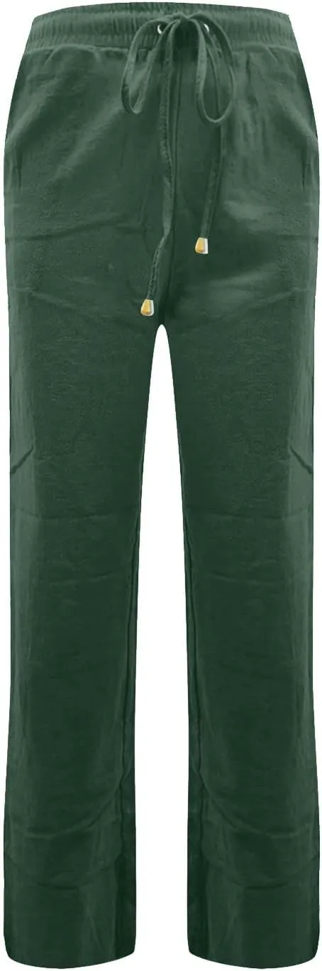 Straight Leg Linen Pants Women Summer Lightweight Drawstring Elastic High Waisted Lounge Pants Loose Work Trousers