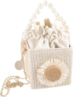 Straw Pearl Crossbody Bag Straw Drawstring Purse Rattan Bucket Bag Straw Bag With Pearls Pearl Chain Shoulder Purse Straw Beach Bag For Women Lady