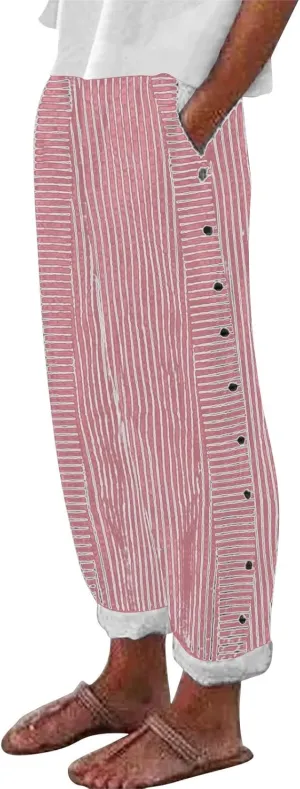 Striped Linen Pants Women Capri Gauze Side Button Elastic Waist Lightweight Casual Summer Beach Cropped Trousers 2025