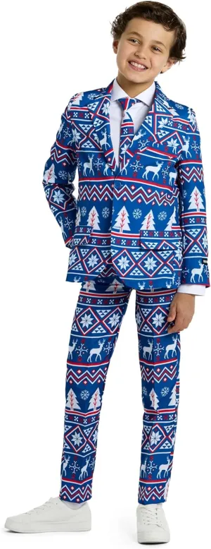 SUITMEISTER Boys Christmas Suit - Festive Ugly X-Mas Clothing Holiday Print - Includes Blazer, Pants - Tie