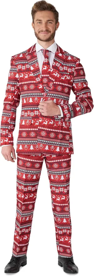 Suitmeister Men's Christmas Suit - Ugly Holiday Festive Nordic Pixel Outfit - Red - Includes Blazer, Pants - Tie