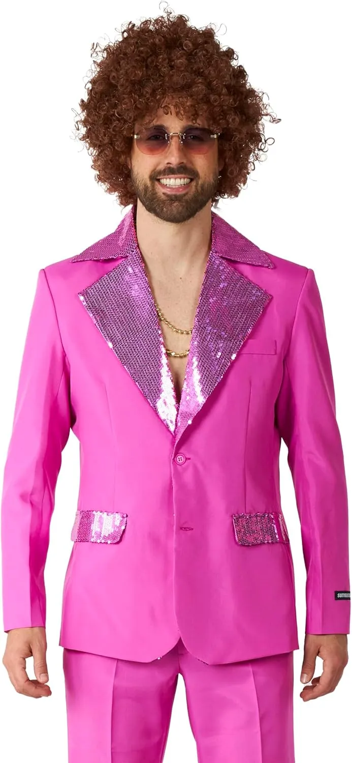 Suitmeister Men's Disco Costume Suit - Saturday Night Fever Outfit - Slim Fit - Including Blazer And Flare Pants - Pink