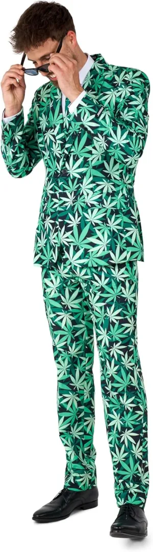 Suitmeister Men's Funny Suit - Cannabis Weed Print Outfit Slim Fit - Green