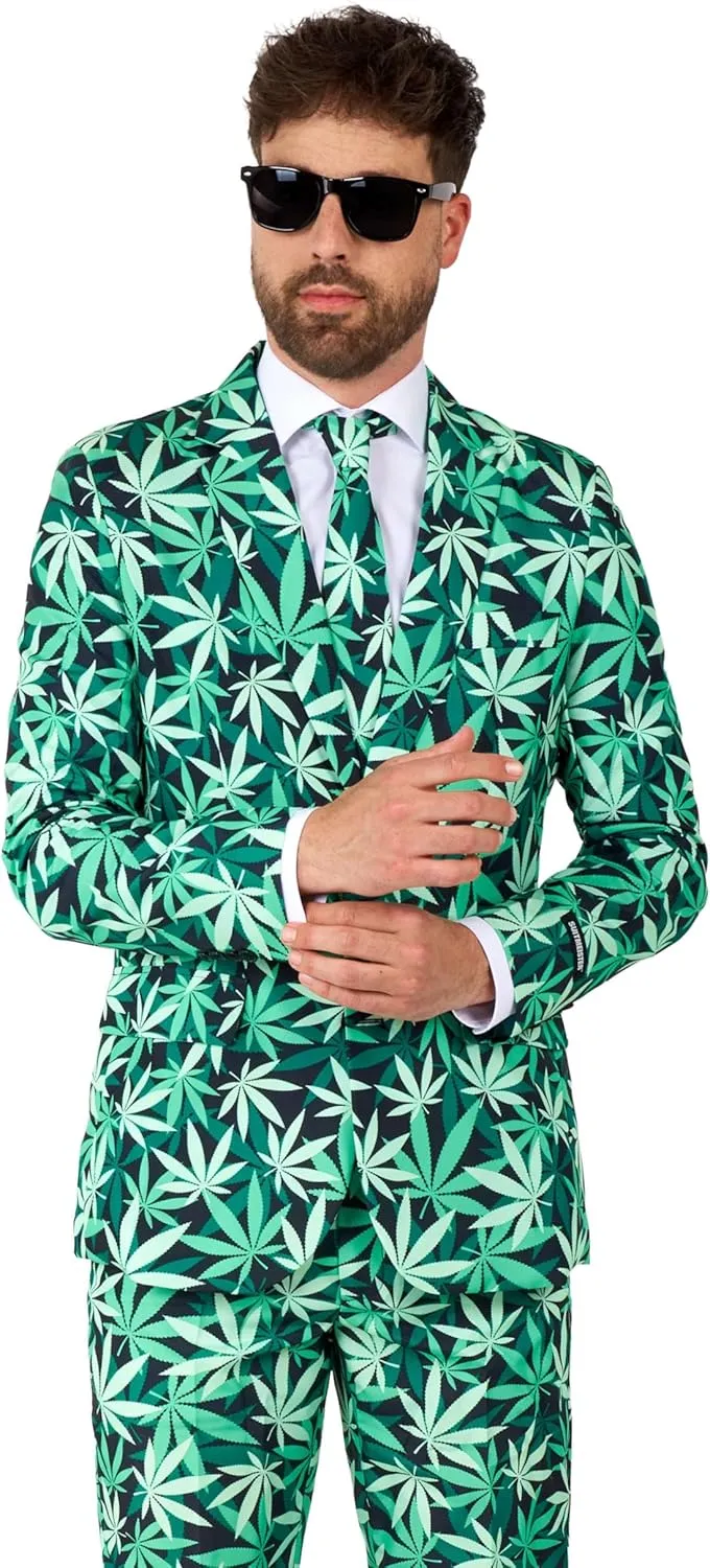 Suitmeister Men's Funny Suit - Cannabis Weed Print Outfit Slim Fit - Green