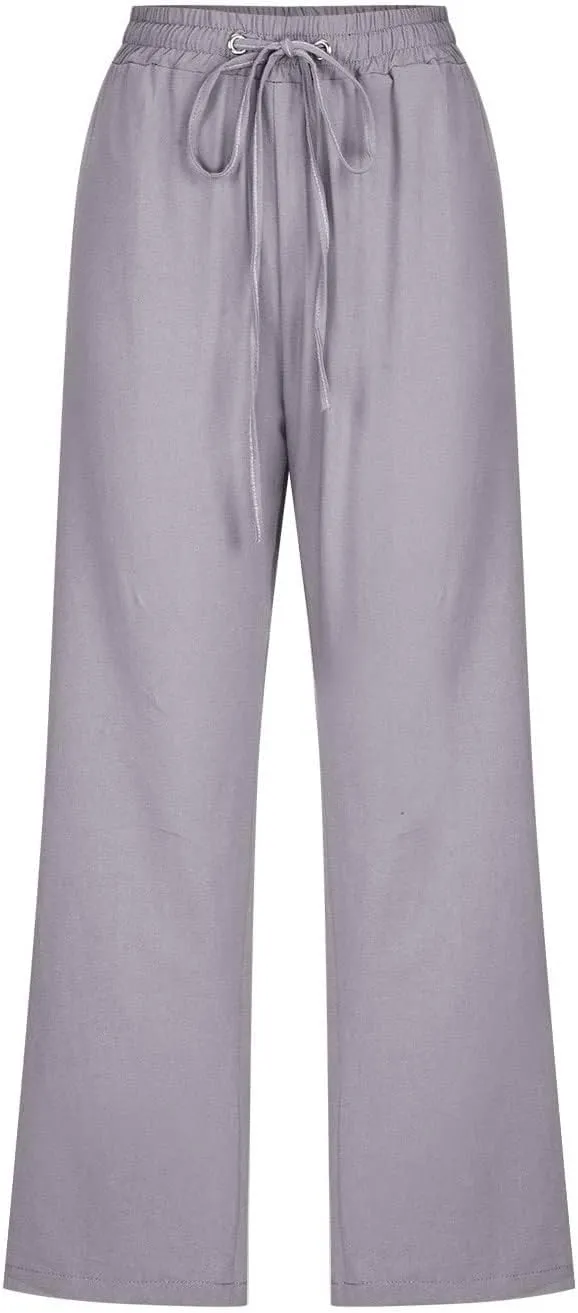 Summer Linen Capris for Women Casual Loose Wide Leg Trousers with Pockets Lightweight High Waisted Cropped Pants